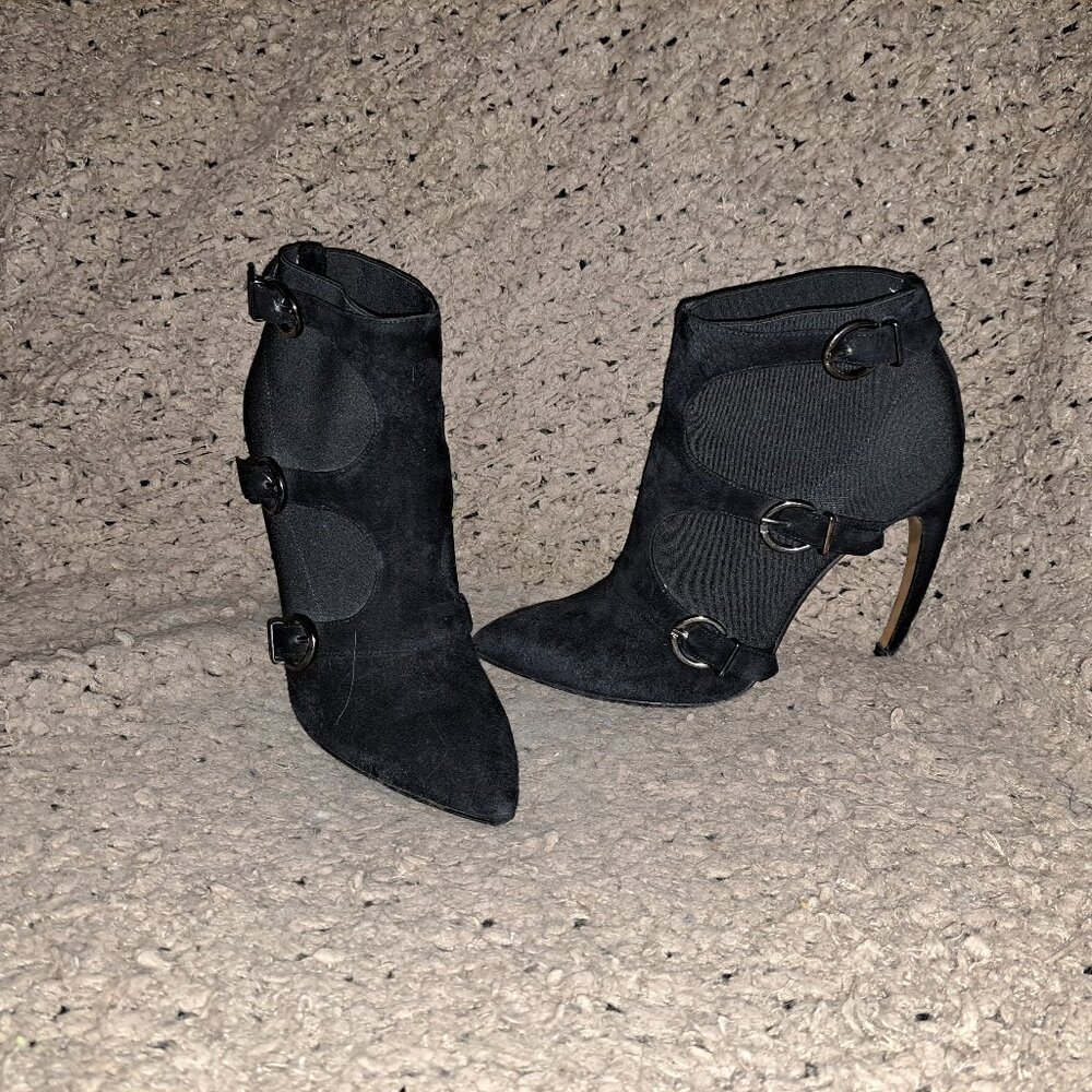 WALTER STEIGER- Stiletto Claw Heel-Bootie-Black Suede/Nylon-Sz 38-Excellent